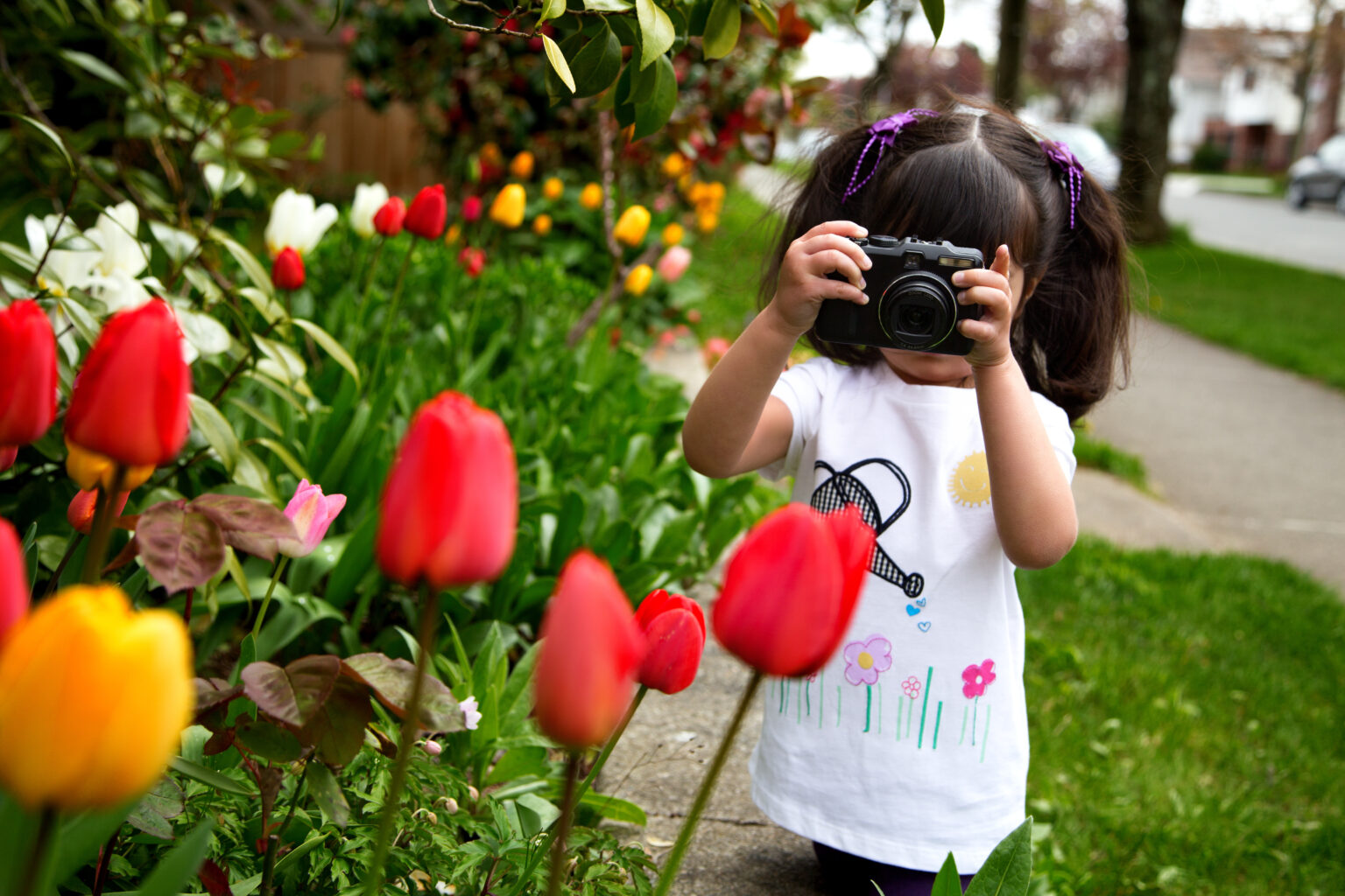 Young girl looking through viewfinder of her camera making a photo of spring flowers