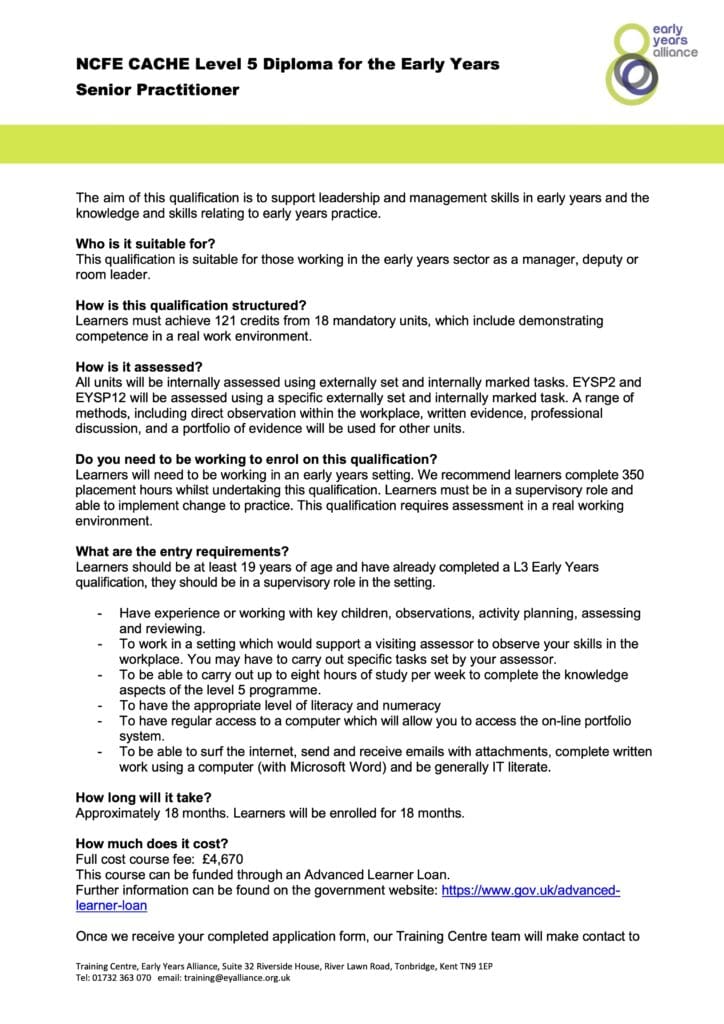 NCFE/Cache Level 5 Diploma for the Early Years Senior Practitioner ...