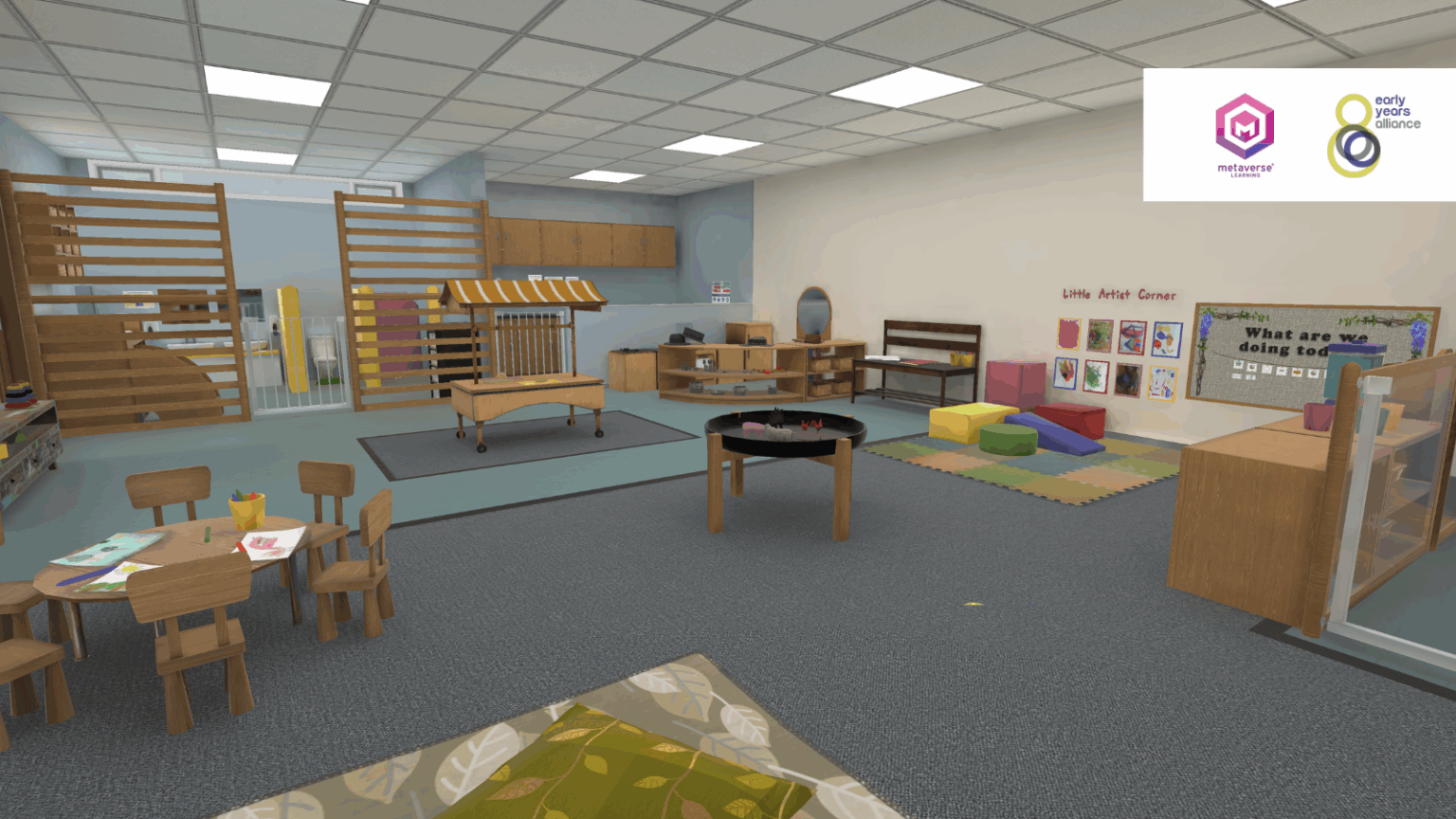 Screenshot of a virtual reality nursery environment with the Metaverse Learning and Alliance logos in the top right